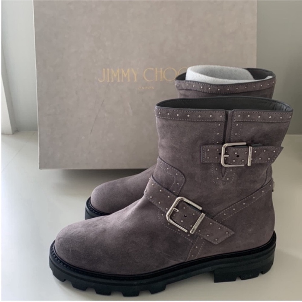 Jimmy Choo Youth Gray Suede Studded Moto Boots 40 US 10